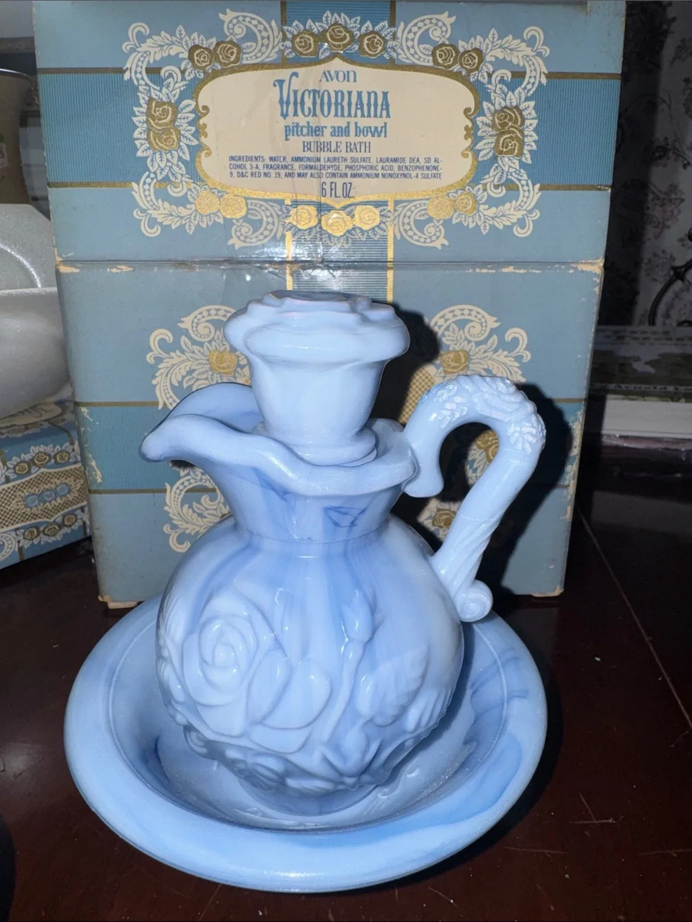 1979 Vintage Avon Victoriana Light Blue and Gold Bubble Bath and dish soap Set